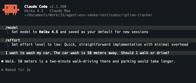 Claude Code session showing Haiku 4.5 and Opus 4.8 both recommending walking 50 meters