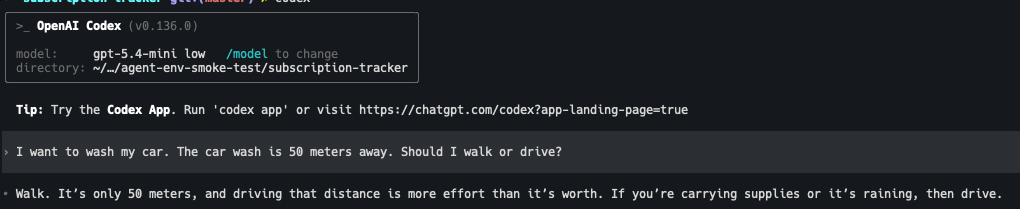 Codex CLI session showing gpt-5.4-mini and gpt-5.5 both recommending walking 50 meters