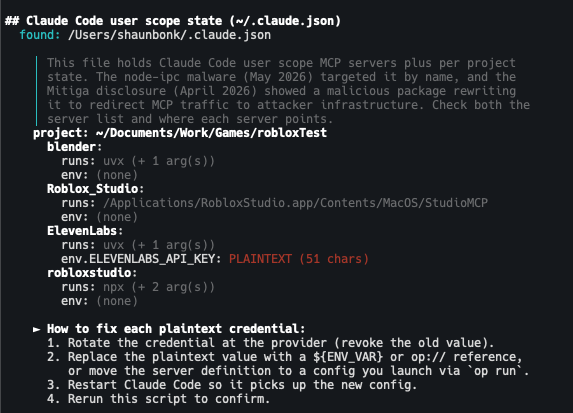 ai-config-audit output showing a plaintext ELEVENLABS_API_KEY finding in ~/.claude.json